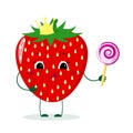 Cute Strawberry cartoon character with crown holds a lollipop.