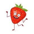 Cute strawberry character cheerful with emotions dancing, arms and legs. The funny or smile hero, red fruit and berry
