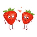 Cute strawberry characters with love emotions, face, arms and legs. The funny or happy heroes, red fruit and berry have