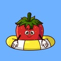 Cute Strawberry fruit character with swim ring float. Fruit summer icon concept isolated. flat cartoon style Premium Vector Royalty Free Stock Photo