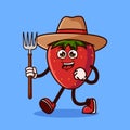 Cute Strawberry fruit Farmer character with pitchfork. Fruit character icon concept isolated. flat cartoon style Premium Vector