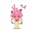 Cute strawberry ice cream cartoon character has a falling in love face Royalty Free Stock Photo