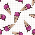 Cute strawberry ice cream cartoon seamless vector pattern. Hand drawn melting summer treat. Yummy cold gelato dessert Royalty Free Stock Photo