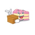 Cute strawberry slice cake cartoon character having a box Royalty Free Stock Photo