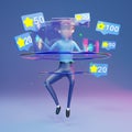 Cute Streamer using virtual reality glasses and touching vr interface., 3D illustration