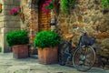 Cute street with flowery entrance and retro bicycle, Pienza, Tuscany Royalty Free Stock Photo