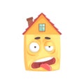 Cute stressed house cartoon character, funny facial expression emoticon vector illustration