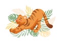 Cute stretching tiger childrens vector illustration in cartoon style. For nursery, posters, stickers, postcards, prints