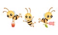 Cute Striped Bee Character with Yellow Body Flying with Flower and Honey Pot Vector Set Royalty Free Stock Photo