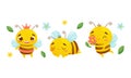 Cute Striped Bee Character with Yellow Body Flying and Sleeping Vector Set Royalty Free Stock Photo