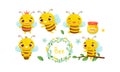 Cute Striped Bee Characters Gathering Honey in Pots Vector Set Royalty Free Stock Photo