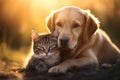 Cute striped cat and Labrador dog cuddling on sunny summer day. Friendship between kitten and puppy