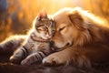 Cute striped cat and Labrador dog cuddling on sunny summer day. Friendship between kitten and puppy