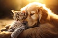 Cute striped cat and Labrador dog cuddling on sunny summer day. Friendship between kitten and puppy