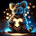 Cute Striped Hyena hugging heart Illustration of a baby tiger with a heart in his hand. generative AI Royalty Free Stock Photo