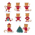 Cute striped tiger character new year illustrations vector set