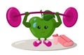 Cute strong apple athlete with sneakers, barbell, shake drink and towel