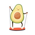 Cute strong avocado training its muscles at exercise machine isolated on white background. Funny fruit with happy face