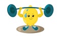 Cute strong lemon athlete with sneakers and barbell.