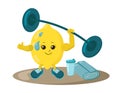 Cute strong lemon athlete with sneakers, barbell, shake drink and towel