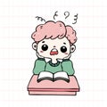 A cute student boy experiencing stress and confusion in classroom, colorful and playful doodle cartoon character illustration hand