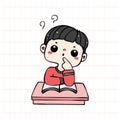 A cute student boy experiencing thinking and corious in classroom, colorful and playful doodle cartoon character illustration hand