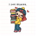 Cute Student Girl Carrying Stacked Books, Joyful Reading vibrant color Cartoon Doodle