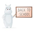 Cute student hippo with a pointer near the blackboard, vector isolated cartoon illustration, back to school design Royalty Free Stock Photo