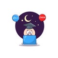 Cute student programming, programming in the evening student operating Laptop at night. Cartoon Vector Icon Illustration.Can be