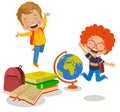 Cute students holding school bell with books and world map