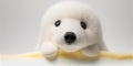 Cute stuffed animal harp seal. White background cuddly plush. Adorable children\'s baby toy.