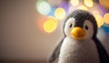Cute stuffed animal penguin. Sparkle background cuddly plush. Adorable children\'s baby toy.