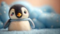 Cute stuffed animal penguin. Teal background cuddly plush. Adorable children\'s baby toy.