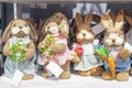 Cute stuffed rabbit characters on a supermarket shelf. Royalty Free Stock Photo