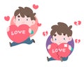 Cute style two men holding big hearts in different mood illustration