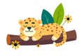 Cute stylised jaguar sleeping on tree branch in jungle. Scene for design. Vector illustration Royalty Free Stock Photo