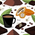 Cute and stylish cocoa seamless pattern. Cocoa beans and leaves, chocolate, cocoa drink and powder. Vector illustration