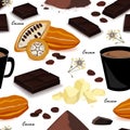 Cocoa seamless pattern. Pod, beans, cocoa butter, cocoa liquor, chocolate, cocoa drink and powder. Vector illustration