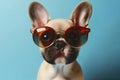 Cute stylish funny French bulldog wear sunglasses on solid blue bright background. ai generative