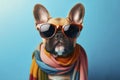 Cute stylish funny French bulldog wear sunglasses on solid blue bright background. ai generative