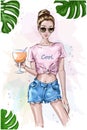 Cute stylish girl in crop top. Summer look. Fashion woman holding cocktail drink glass. Sketch. Summer set with green leaves.