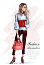 Cute stylish girl in fashion clothes. Fashion woman with bag. Hand drawn brunette woman. Sketch. Royalty Free Stock Photo