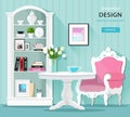 Cute stylish graphic room decor. Light colored room interior with table, armchair and cupboard. Flat style.