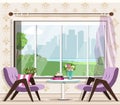 Cute stylish living room interior set: armchairs, table, window. Graphic furniture. Luxury room interior design.