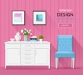 Cute stylish room interior furniture: commode, chair, pictures with long shadows. Flat style.
