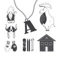 Cute stylish scandinavian set with moose, gnome, skiing, snowboard, viking helmet, wooden house, mittens