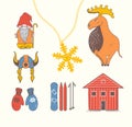 Cute stylish scandinavian set with moose, gnome, snowflake, skiing, snowboard, viking helmet, wooden house, mittens Royalty Free Stock Photo