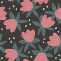 Cute stylish seamless pattern with big naive flowers and spots on dark background. Scandinavian style vector Royalty Free Stock Photo