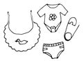 A cute and stylish set of clothes for newborns: bib, suit, underpants and a pin