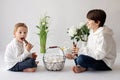 Cute stylish toddler child and older brother, boys with white shirt, playing with eggs and chocolate bunny on Easter decoration